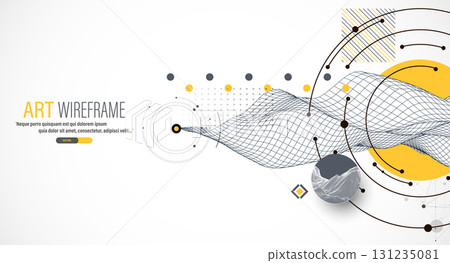 Abstract composition with wireframe wave, dots, and lines. Vector. 131235081