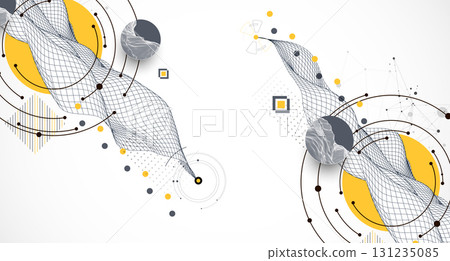 Abstract composition with wireframe wave, dots, and lines. Vector. Abstract composition with wireframe wave, dots, and lines. Vector. 131235085