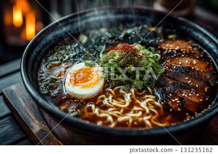 Steaming Bowl of Ramen with Pork, Egg, and Chili Threads 131235162