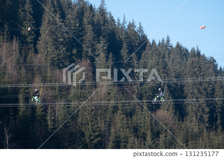 Cyclists riding high above the lush treetops on a scenic cableway, surrounded by the peaceful beauty of a forest, bathed in the soft light of early morning Cyclists riding high above the lush treetops on a scenic cableway, surrounded by the peaceful beauty of a forest, bathed in the soft light of early morning 131235177