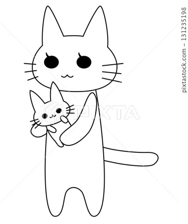 一隻抱著小貓的大貓的可愛線條向量插圖 | 貓，小貓，父母和孩子 131235198