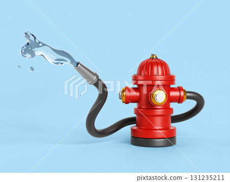 3d red fire hydrant with firefighter hose and jet water on blue bg. Emergency assistance in extinguishing flame on city street. Connected equipment with sprayer for firefighting. 3D illustration 131235211