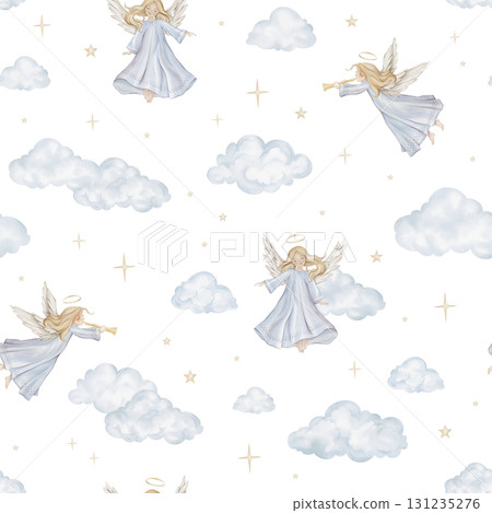 Seamless pattern with Christmas or Christian Nativity angel for religious baptism. Hand drawn illustration repeat ornament for design and beige birds among the blue clouds moon and stars. Seamless pattern with Christmas or Christian Nativity angel for religious baptism. Hand drawn illustration repeat ornament for design and beige birds among the blue clouds moon and stars. 131235276