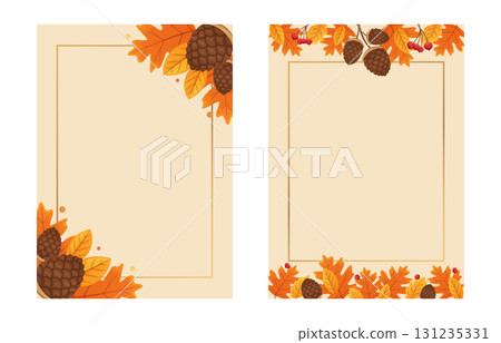 Two beige templates with pinecones, orange and yellow autumn leaves, and berries. Autumn invitations Two beige templates with pinecones, orange and yellow autumn leaves, and berries. Autumn invitations 131235331