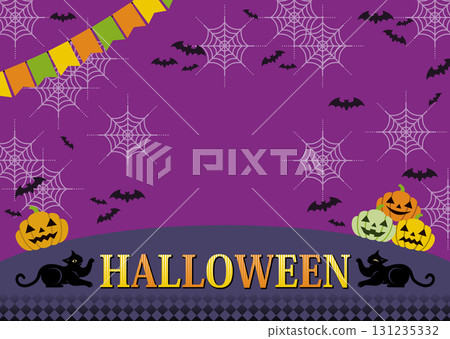 Halloween illustration background design "Jack-o'-lantern, spider web, bat and black cat" copy space 131235332