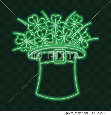 Shamrocks in Leprechaun Hat Green Light Neon Glowing Effect Icon Sticker Pictogram Minimalist Design 131235968