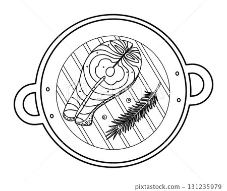 Hand Drawn Salmon Steak and Rosemary Sprig with Peppercorn in Grill Pan Logo Icon Minimalist Design Hand Drawn Salmon Steak and Rosemary Sprig with Peppercorn in Grill Pan Logo Icon Minimalist Design 131235979