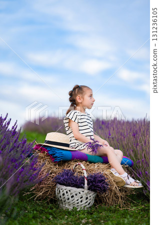 Girl sits on hay bale in lavender field, enjoying the summer day. Girl sits on hay bale in lavender field, enjoying the summer day. 131236105