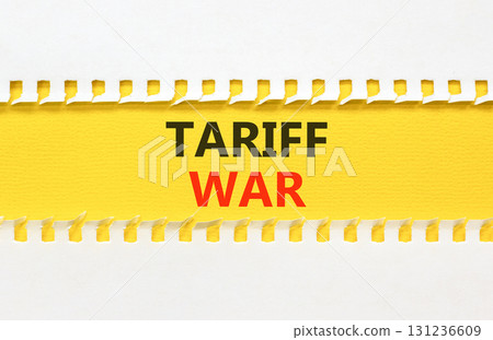 Trade tariff war symbol. Concept word Tariff war on beautiful white paper. Beautiful yellow paper background. Business trade tariff wars concept. Copy space. Trade tariff war symbol. Concept word Tariff war on beautiful white paper. Beautiful yellow paper background. Business trade tariff wars concept. Copy space. 131236609