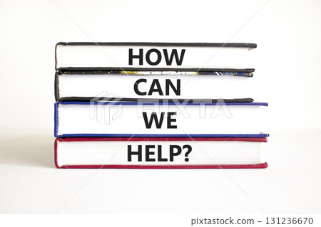 How can we help symbol. Concept words How can we help on beautiful books. Beautiful white table white background. Business and how can we help concept. Copy space. How can we help symbol. Concept words How can we help on beautiful books. Beautiful white table white background. Business and how can we help concept. Copy space. 131236670