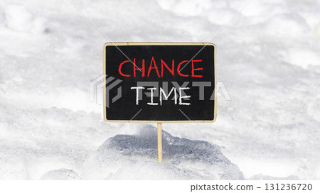 Chance time symbol. Concept word Chance time on beautiful black blackboard. Beautiful white snow background. White snow. Black blackboard. Business chance time concept. Copy space. 131236720
