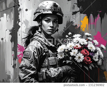 超現實主義街頭藝術，塗鴉風格的牆上畫著一名單色士兵，手裡拿著一束鮮花 131236902