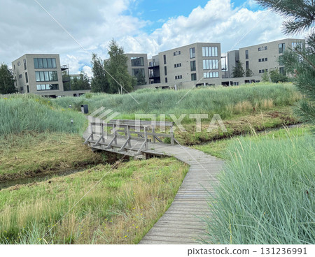 A small bridge over a turbulent stream. A place for families to relax and walk 131236991