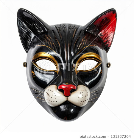 Detailed Black Cat Mask with Gold Accents on White Background for Masquerade Event Detailed Black Cat Mask with Gold Accents on White Background for Masquerade Event 131237204