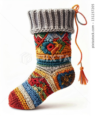 Colorful Knitted Christmas Stocking Ornament on White Background Handmade Celebration Decoration Colorful Knitted Christmas Stocking Ornament on White Background Handmade Celebration Decoration 131237205