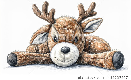 Cute Brown Spotted Plush Reindeer Toy Lying on White Background with Detailed Fur Texture and Antlers 131237327