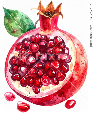 Watercolor Illustration of Open Pomegranate Half with Seeds and Green Leaf 131237396