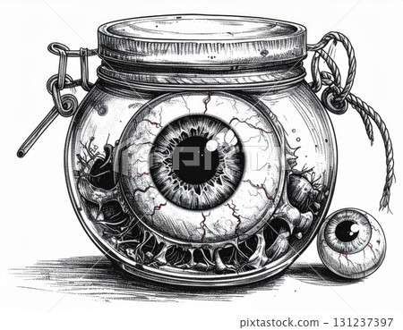 Detailed Ink Drawing of Eyeballs Inside a Glass Jar Container on Isolated White Background 131237397