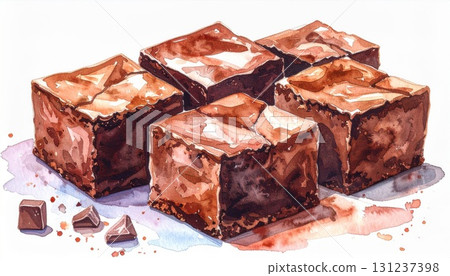 Watercolor Illustration of Six Rich Brown Chocolate Brownies on White Surface 131237398