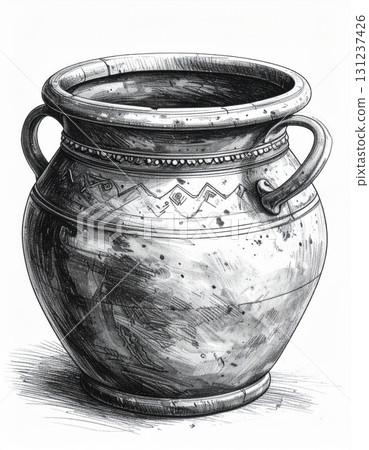 Antique Clay Pot with Handles and Decorative Pattern in Black and White Illustration 131237426