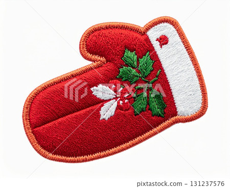 Embroidered Red Mitten Patch with Holly Decoration on White Background Detailed Stitching and Texture Festive 131237576