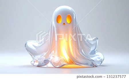 Stylized Orange Lit Pixelated Ghost with White Sheet on Light Background 131237577