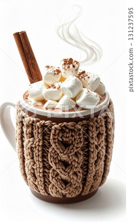 Hot Chocolate with Marshmallows and Cinnamon Stick in Knitted Mug 131237595