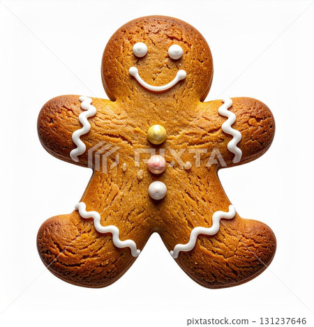 Gingerbread Man Cookie with White Icing and Candy Buttons on White Background 131237646