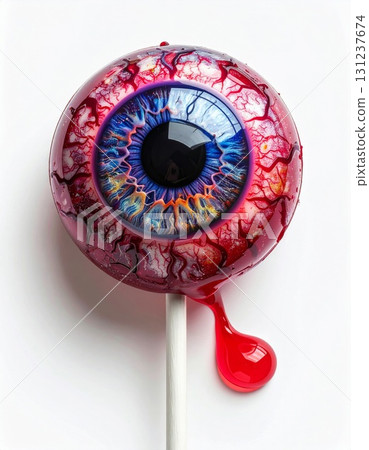 Spooky Eyeball Lollipop with Red Veins and Blue Iris on White Background 131237674