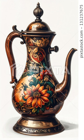 Ornate Copper Teapot with Floral Decoration on White Background 131237675