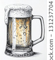 Detailed Illustration of a Frothy Amber Beer in a Glass Mug with Foam Overflowing on White Paper 131237704