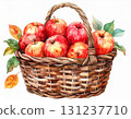 Watercolor Illustration of Woven Basket Filled with Red Apples and Autumn Leaves 131237710