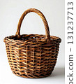 Wicker Basket With Handle on a Neutral Background Studio Shot Simple Rustic Woven Design Storage Container 131237713