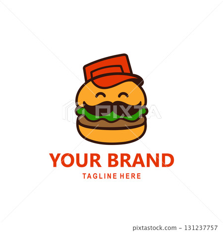 The burger logo mascot wears a red hat and has a cute and attractive mustache, suitable for branding your restaurant logo The burger logo mascot wears a red hat and has a cute and attractive mustache, suitable for branding your restaurant logo 131237757