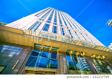 Yokohama cityscape, Japan, September 25. View of the Yokohama Bay Sheraton Hotel & Towers and Yokohama Station reflected in the window. 131237795