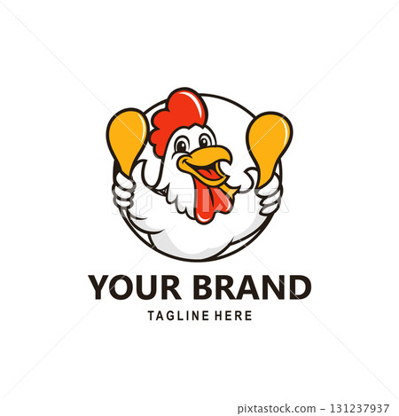 Illustration of a cute and attractive rooster mascot holding two fried chicken sticks Illustration of a cute and attractive rooster mascot holding two fried chicken sticks 131237937
