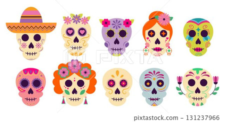 Set of isolated vector Mexican skulls with bright patterns, decorations, and flowers for the Day of the Dead. Set of isolated vector Mexican skulls with bright patterns, decorations, and flowers for the Day of the Dead. 131237966