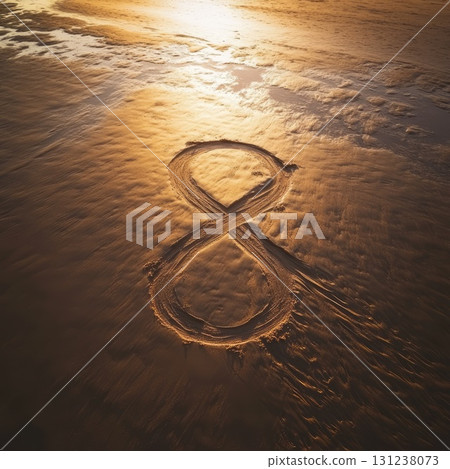 A Beautiful and Serene Beach Scene Featuring Intricate Sand Artwork by the Shoreline. AI-generated 131238073