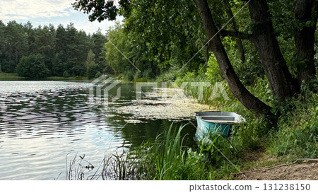 A serene lakeside scene with a small blue boat resting on the shore. Lush green trees surround the calm water, reflecting the natural beauty of the landscape A serene lakeside scene with a small blue boat resting on the shore. Lush green trees surround the calm water, reflecting the natural beauty of the landscape 131238150