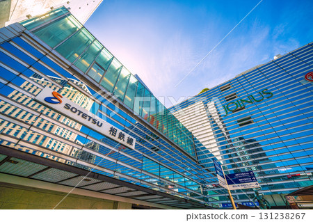 Yokohama cityscape, Japan, September 25th. SOTETSU: A view of the Yokohama Bay Sheraton Hotel and other facilities reflected in the windows of the Sotetsu Line. 131238267