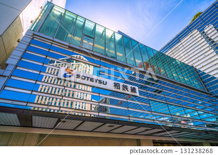 Yokohama cityscape, Japan, September 25th. SOTETSU: A view of the Yokohama Bay Sheraton Hotel and other facilities reflected in the windows of the Sotetsu Line. 131238268