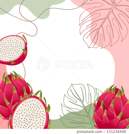 Dragon fruit fruits background. Composition of pitaya fruits with organic shapes and leaves. Tropical fruit background. Dragon fruit fruits background. Composition of pitaya fruits with organic shapes and leaves. Tropical fruit background. 131238498