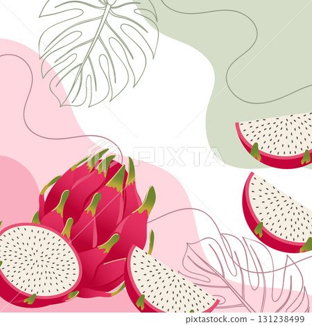 Dragon fruit fruits background. Composition of pitaya fruits with organic shapes and leaves. Tropical fruit background. 131238499
