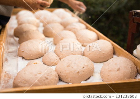bread preparation. loaves of dough before baking bread preparation. loaves of dough before baking 131238608