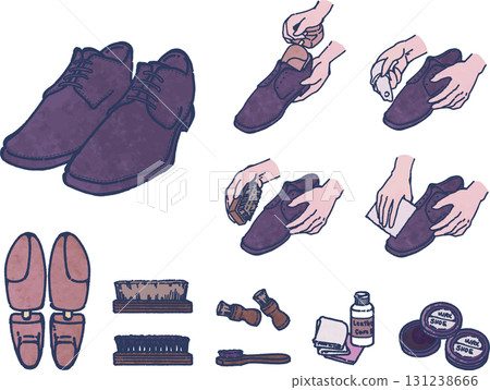 皮鞋保養步驟與工具的插圖集 131238666