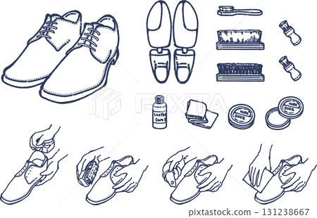 皮鞋護理程序和使用物品的線條畫插圖集 131238667