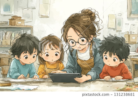 Miyu series: A scene where Miyu provides AI support to a child studying on a tablet 131238681