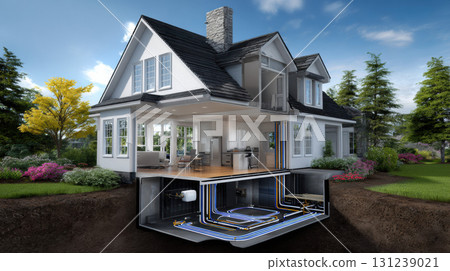 Cutaway diagram of house showing geothermal energy system for sustainable heating and cooling. Renewable technology providing an efficient and modern solution for home climate control Cutaway diagram of house showing geothermal energy system for sustainable heating and cooling. Renewable technology providing an efficient and modern solution for home climate control 131239021