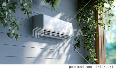 White air conditioner mounted on home outdoor shiplap wall for cooling system. calm scene surrounded by fresh green plant and refreshing summer air White air conditioner mounted on home outdoor shiplap wall for cooling system. calm scene surrounded by fresh green plant and refreshing summer air 131239031