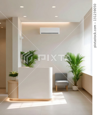 Serene office lobby with modern interior design features sustainable energy air conditioner for clean fresh air. tranquil waiting room has white reception desk 131239050